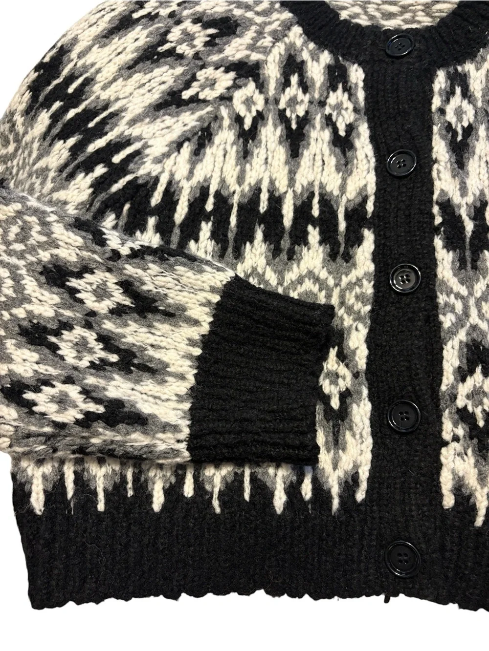 J. Crew Cropped Fair Isle Cardigan Size Medium Black White Textured Chunky Wool